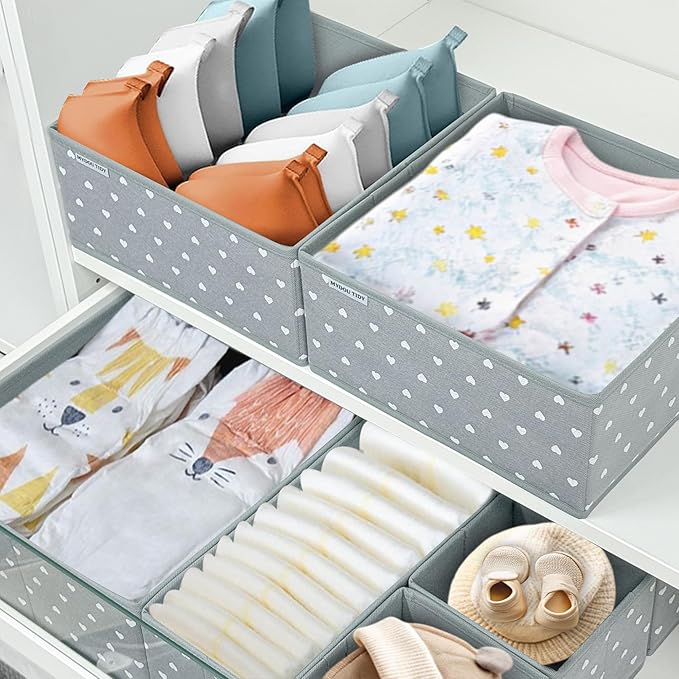 Fabric Drawer Organizer Bins for Nursery – 12 Pack Clothe Drawer Dividers for Baby Dresser, Grey Heart Pattern Storage Boxes for Clothes, Diapers & Accessories
