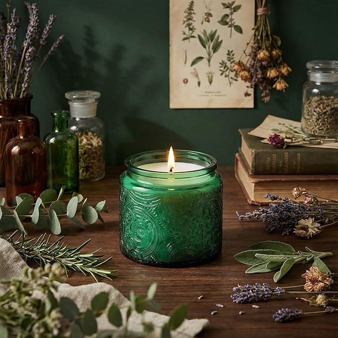 9-Pack 10 oz Sun Moon Star Embossed Glass Candle Jars with Mirror Lids and Labels - Unique Green Candle Containers with Lids for Candle Making