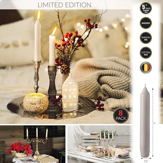 Straight Beige Candlesticks - Pack of 8 6" Beige Candles - 5 Hour Long Burning Candles for Emergency, Chime, Wedding, and Home Decoration