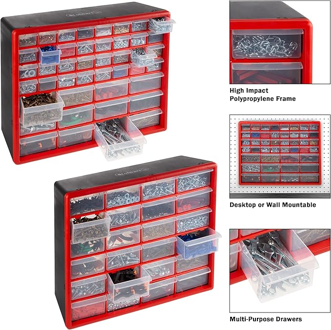 Set of Two Storage Bins with Drawers – Pair of 44 and 24 Drawer Desktop or Wall Mount Plastic Tool Organizers for Hardware or Crafts by Stalwart (Red)