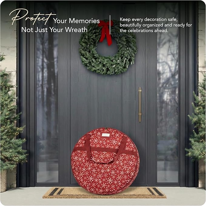 Covermates Keepsakes Wreath Storage Bag – Heavy-Duty Polyester with Buckle Straps & Interior Pouch – Protective Holiday Wreath Organizer with Handles, D-Ring & Label Window, Red Snowflake