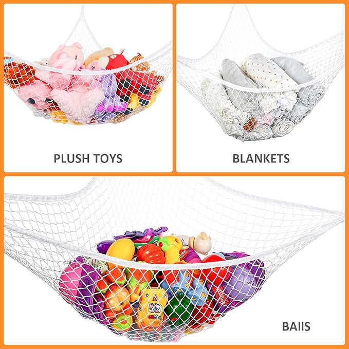 Jumbo Toy Hammock Stuffed Animals and Toy Storage Hammock Net 70" Wall Sling Corner Extra Large Kids Children Mesh Toy Net Organizer White