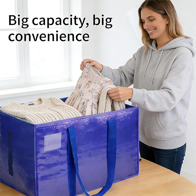 4PK Extra Large Heavy Duty Moving Bags, Blue Storage Moving Bags, Reinforced Handles & Heavy-Duty Zippers Moving Boxes, Storage Bags Totes for Clothes, College Supplies, Traveling.