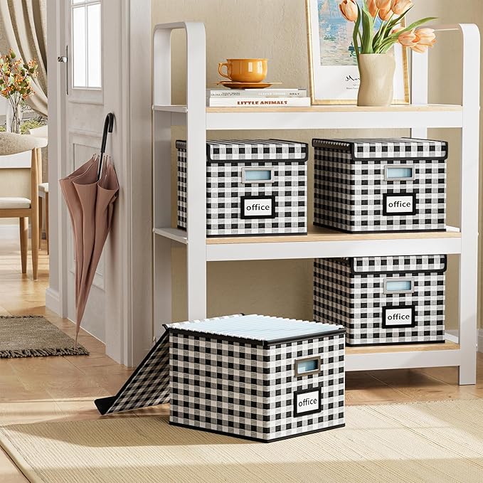 Huolewa File Organizer Box with Lid, Collapsible File Folder Organizer for Office Document Storage, Filing Box with Plastic Slide for Letter Size Hanging File Folders(1 Pack, Black & White Lattice)
