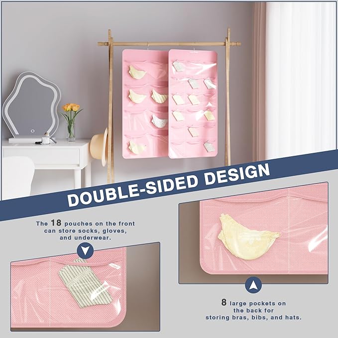 Hanging Closet Underwear Organizer, 28-Pockets Dual-Sided Storage for Socks, Bras, and Leggings Lingerie and Kids’ Clothing, Pink