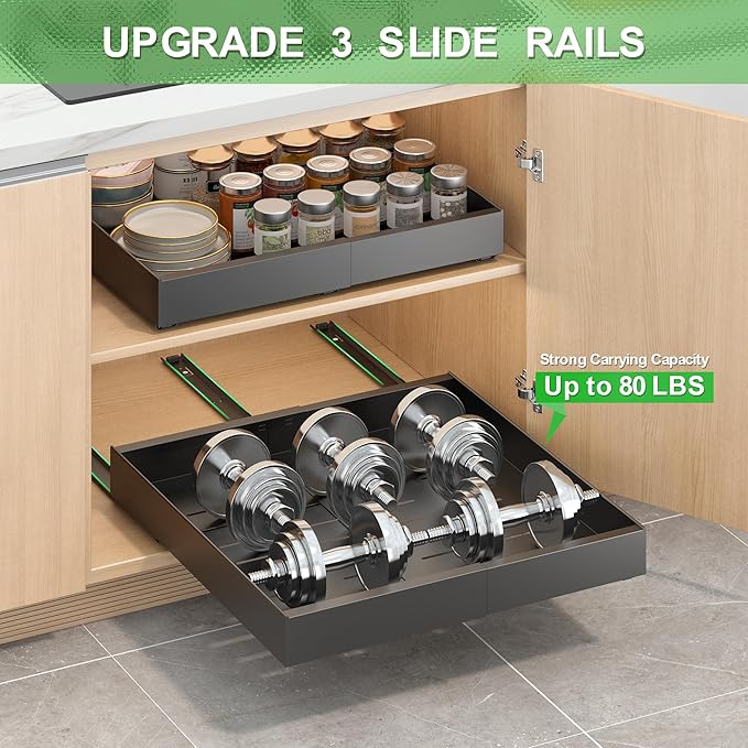 Expandable Pull-Out Cabinet Organizer - Black 21" D x Adjustable Width 12.6-20.47", No Drill Adhesive Installation with 3-Slide Rails for Kitchen Storage (2 Pack)