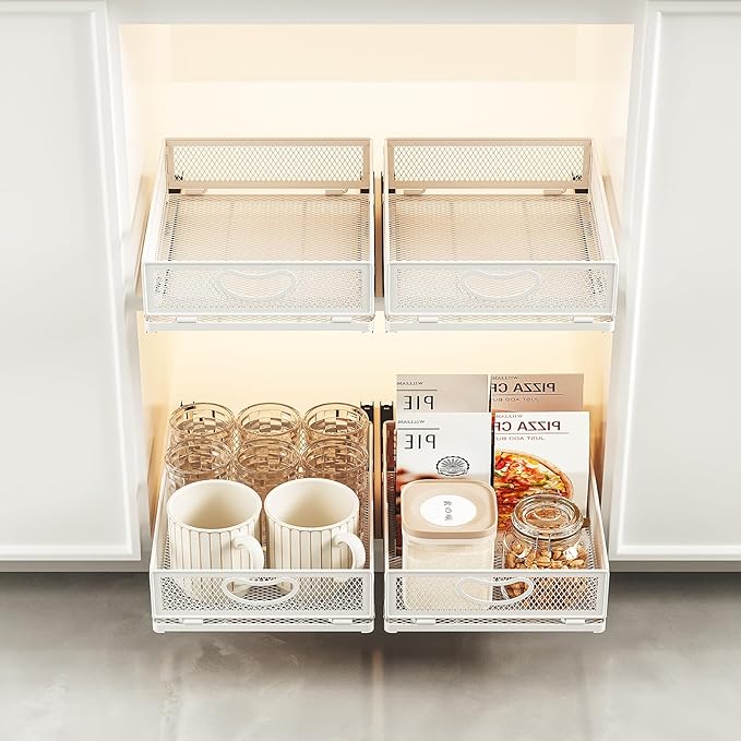 2 Pack Pull Out Cabinet Organizer, No Drill Adhesive Sliding Drawers for Kitchen, Metal Mesh Wire Storage Shelf for Pantry & Under Sink, White (9.6" W x 11.8" D x 3.9" H)