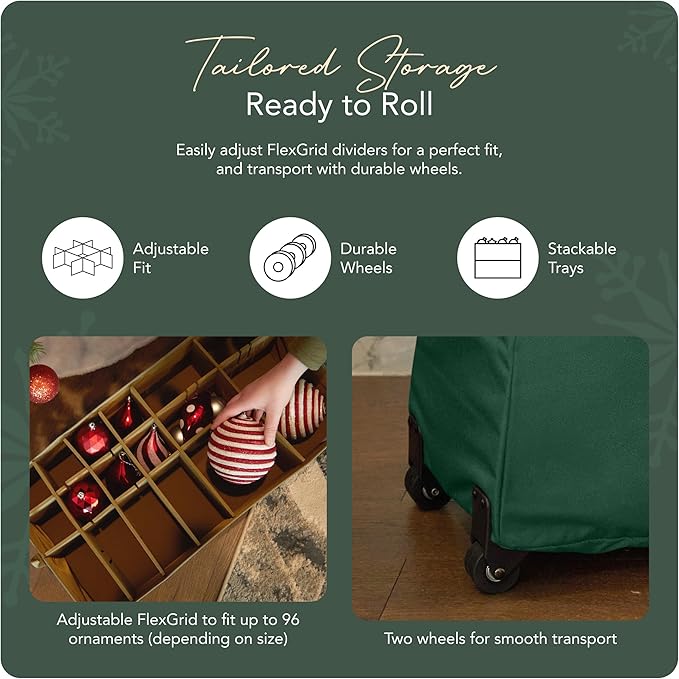 Covermates Keepsakes Rolling Adjustable Ornament Storage Bag – Heavy-Duty Polyester, FlexGrid Trays & Padded Dividers – Protective Holiday Organizer with Wheels, Handles & ID Window, Green