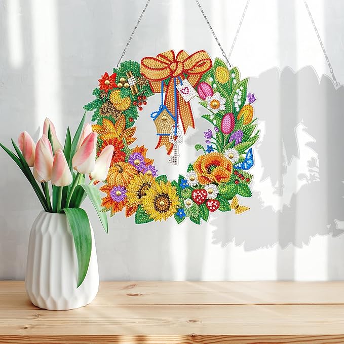 5D Diamond Dots Fall Wreath with LED Light String DIY Pumpkin Sunflower Diamond Art Painting Thanksgiving Wreaths Hanging Pendant Special Shaped Beads by Number Kits Farmhouse Wall Front Door Decor