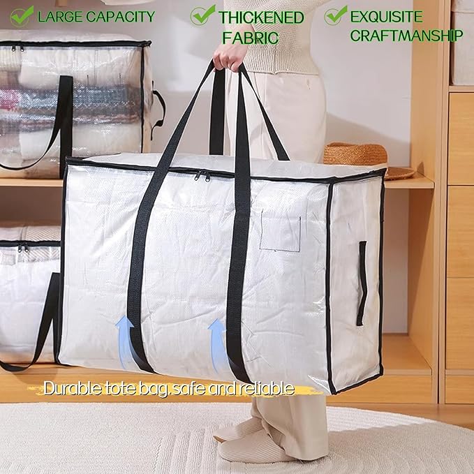 4 Pack 95L Large Capacity Heavy Duty Foldable Storage Bags - Handheld Totes with Double Zippers, Side Handles & ID Label Slot, Waterproof PP Fabric for Quilts, Clothes, Toys & Household Organizing