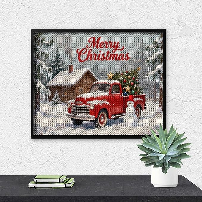 AIVKIEJK Diamond Painting Kits for Adults - Christmas Red Truck with Snowman, Snowy Cabin & Tree Painting DIY 5D Full Drill Diamond Dots Paintings with Diamonds Gem Art and Crafts Home Decor 16"x20"