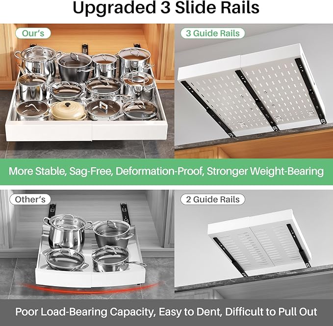 Pull out Cabinet Organizer, Expandable Width(14"-24"), Depth(13"-24") with 3 Rails, Slide Out Drawers With Raising Pad for Framed Cabinets, Fixed with Adhesive Film for Cabinets in Kitchen, White