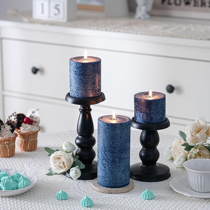 3x4 Inch Dark Blue Pillar Candles Set of 3 - Hand-Poured Unscented Candles, Long Clean Burning, Navy Blue Candle, Smokeless Dripless Candle for Dinner Table, Wedding, Home, Rustic Decor