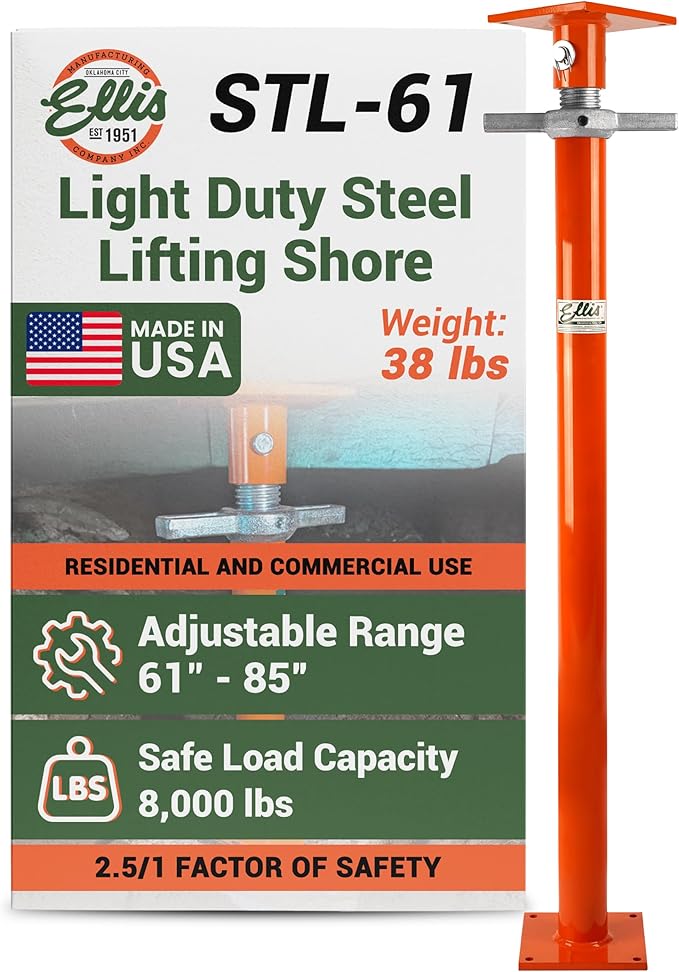 Ellis Manufacturing Light-Duty Steel Construction Jack - Adjustable Screw Jack Post for Floor Leveling, Beams, and Concrete - 8,000 lb Load Capacity - 61"-85" Adjustment, House Jacks for Leveling