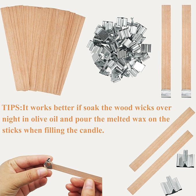 100pcs Wooden Candle Wicks 5.1 x 0.5 Inch, Smokeless Cherry Wood Wicks with Metal Clips, Includes Wick Trimmer, Perfect for Candle Making Kit and Soy Wax Candlemaking