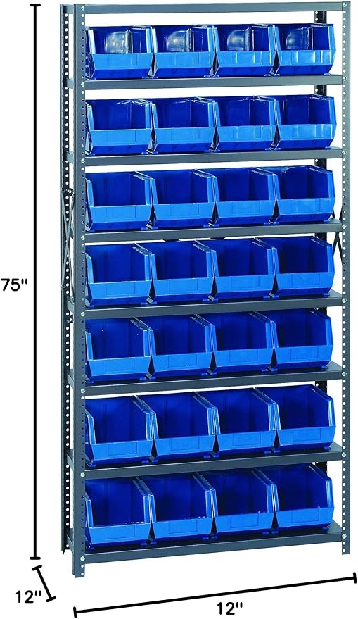 Quantum Storage Systems QSBU-239BL Giant Open Hopper Steel Shelving System, 12" D x 36" W x 75" H, with 8 Shelves and 28 QUS239 Bins, Blue