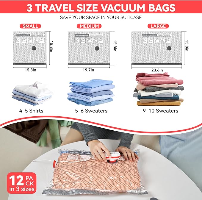 12 Pack Vacuum Bags for Travel with USB & TYPE C Pump,Compression Packing Cubes for Luggage,Carry-on Space Saver Vacuum Seal Bags&Vacuum Storage Bags for Vacation(Red)