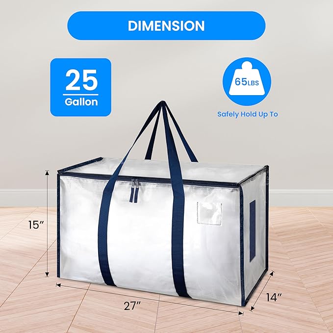 Simple Deluxe 4 Pack Extra Large Moving Bags with Lids, Reinforced Handles and Zippers, Heavy Duty Storage Tote for Moving Travel Camping Space Saving, White