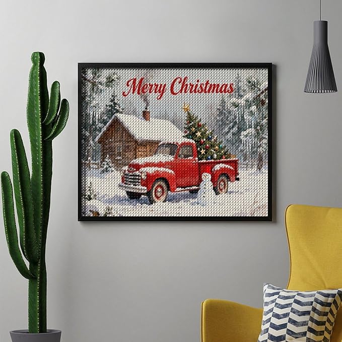 AIVKIEJK Diamond Painting Kits for Adults - Christmas Red Truck with Snowman, Snowy Cabin & Tree Painting DIY 5D Full Drill Diamond Dots Paintings with Diamonds Gem Art and Crafts Home Decor 16"x20"