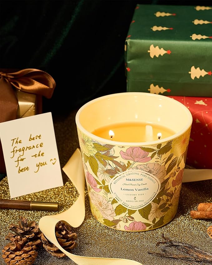 M&SENSE Lemon Vanilla Scented Candle, 28.2oz 3 Wick Natural Soy Wax Large Candles, Long Lasting Clean Slow Burning No Toxic Décor for Home Relaxation, Romantic Dates & Gift-Giving