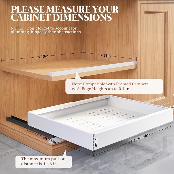 4 Pack Expandable Pull Out Cabinet Organizer 21"Deep With Raising Pad for Framed Cabinets,Upgrade 3 Slide Rails Slide Out Drawers,No Drill Roll Out Shelves,Adjustable Width 12.1"-20.4" White