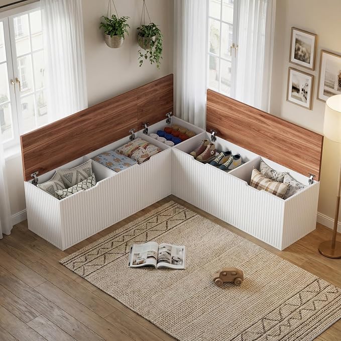 L-Shape Bench with Cushion,Backless Wood Kitchen Breakfast Corner Bench with Hidden Storage,Corner Dining Bench for Entryway,Dining Nook, Kitchen,Cloakroom (Brown)