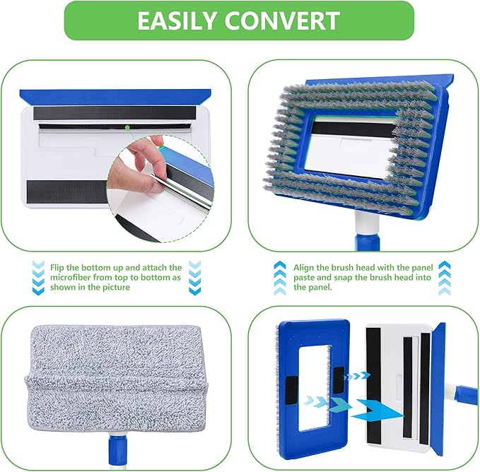 Baseboard Cleaner Tool with Long Handle,Wall Cleaner Mop with Extendable Handle 1 Stiff Bristles mop Head and 4 Reusable Cleaning Pads，Duster for Cleaning Tile Ceiling Window Skirting Board (Blue)