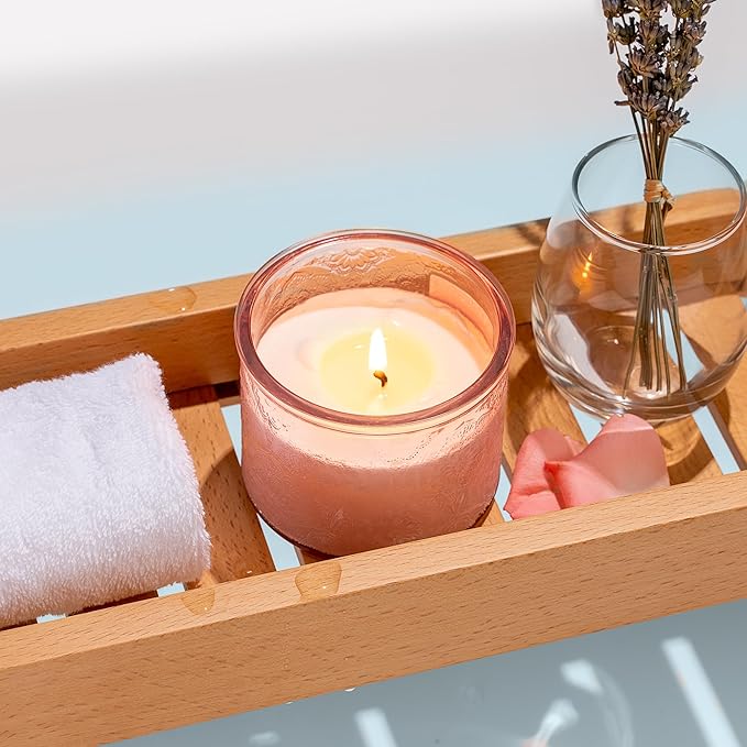 10 oz Embossed Glass Candle Container with Bamboo Lids and Labels,Pink Candle Jars for Making Candles,Mandala Design - Pack of 9