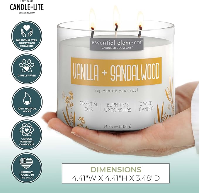 Essential Elements by Candle-lite Scented Candles, Vanilla & Sandalwood Fragrance, One 14.75 oz. Three-Wick Aromatherapy Candle with 45 Hours of Burn Time, Off-White Color