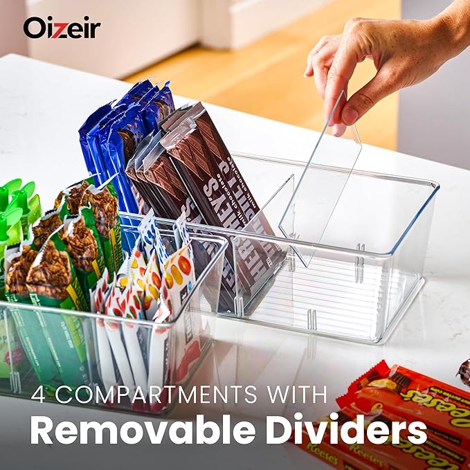 Oizeir Clear Pantry Organizer Bins 4-Pack - Fridge Organizer with 3 Removable Dividers - Kitchen Pantry Organizers & Storage - Storage Cabinet Snack