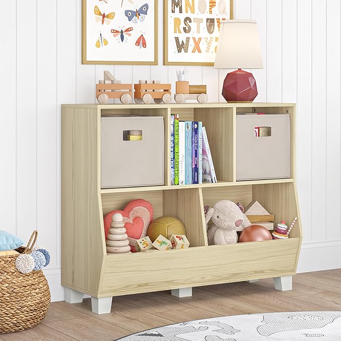 RiverRidge Catch-All Kids Toy Storage Organizer with 3 Cubbies and 2 Storage Bin Compartments - 35 Inch Wide Light Woodgrain Kids Room Decor Toy Organizers and Bins