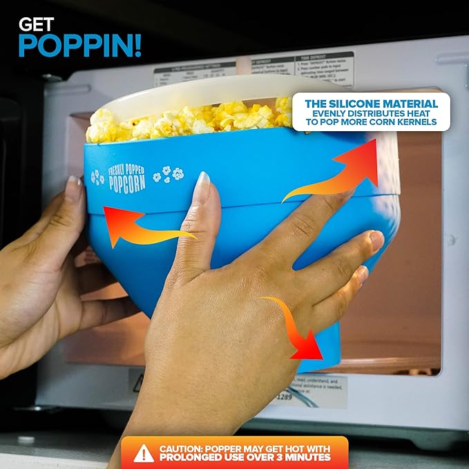 Silicone Microwave Popcorn Popper (Blue) Air Popper Popcorn Maker No Oil Required, Collapsible Pop-Corn bowl with Lid, Reusable, BPA-Free, Dishwasher Safe