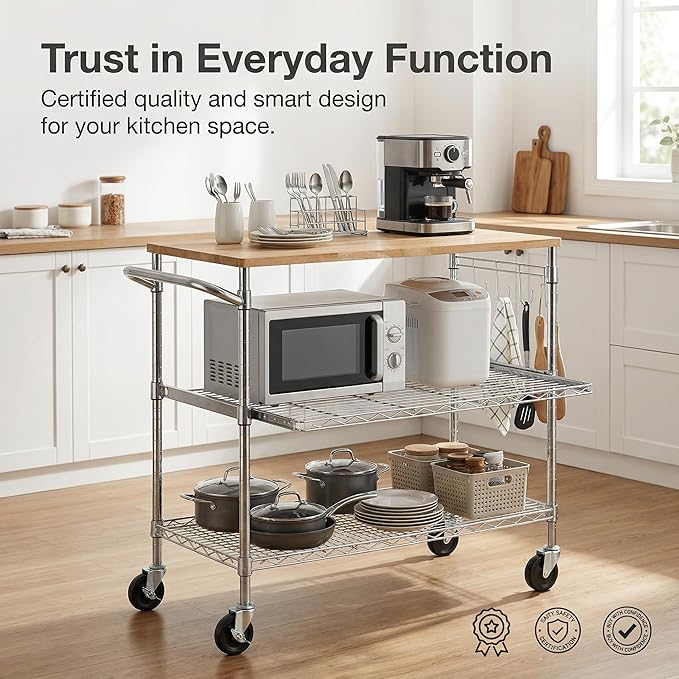 Finnhomy 3-Tier Rolling Kitchen Cart with 18" D x 36" W Oak Wood Tabletop, Kitchen Island Cart with 4" Wheels and Slider Shelf, Microwave Cart & Coffee Cart with Hooks for Dining Room, Chrome