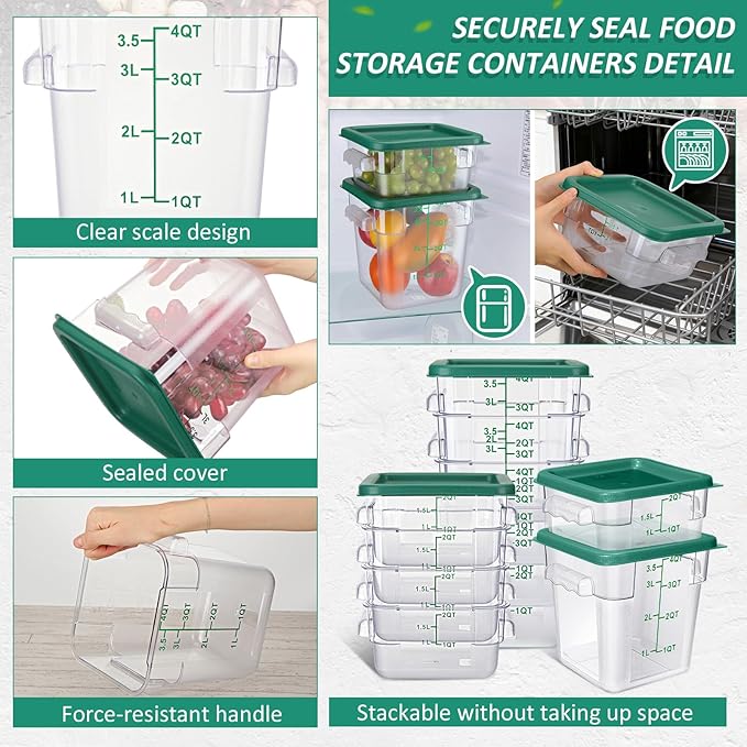 Yungyan 16 Pcs Restaurant Food Storage Containers with Lids Set 2Qt and 4Qt Commercial Restaurant Square Storage Containers Clear Food Cereal Container for Kitchen Freezer (Green Lids)