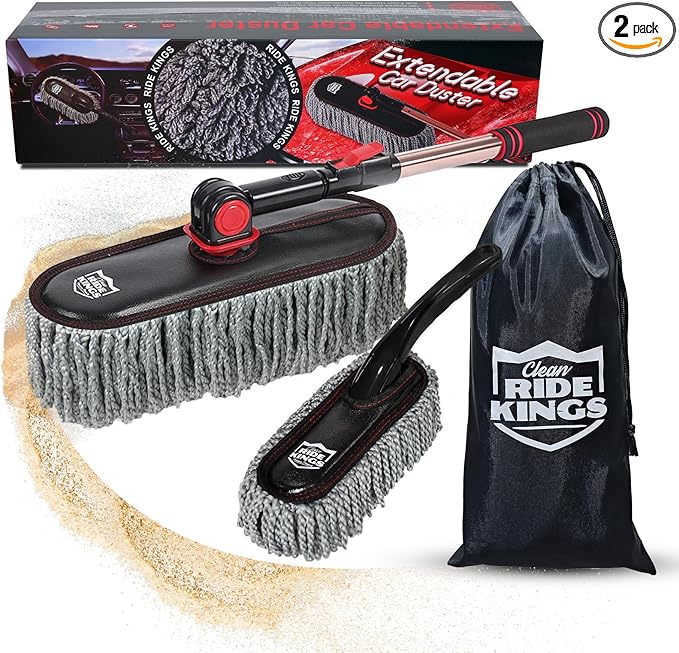 Car Duster Exterior Scratch Free with Extendable Handle, Microfiber Car Cleaning Brush for Dust Removal + Small Detailing Brush for Interior Care