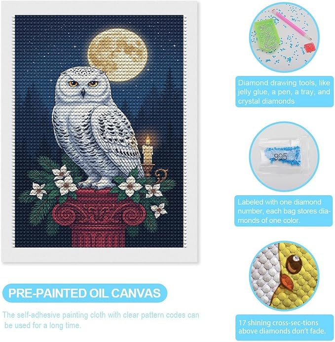 KIVJMSIDJA Snowy Owl & Candle Glow - Winter Night Scene Diamond Art Kits for Adults for Beginners, 5D Full Diamond Art Paint 12"x16"