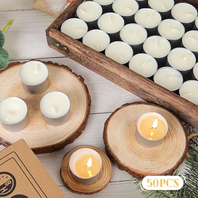 Soy Tealight Candles 50 Pack,8 Hours Long Burning Tealights Candles Bulk,Natural Soy Wax Tea Light Candle Paraffin-Free,Unscented Small Tea Candle for Emergency,Dinner