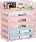Pink Paper Organizer for Desk with Handle, 6-Tier Metal Mesh File Organizer | Stackable Desktop Organizer for Office Supplies & Stationery Storage