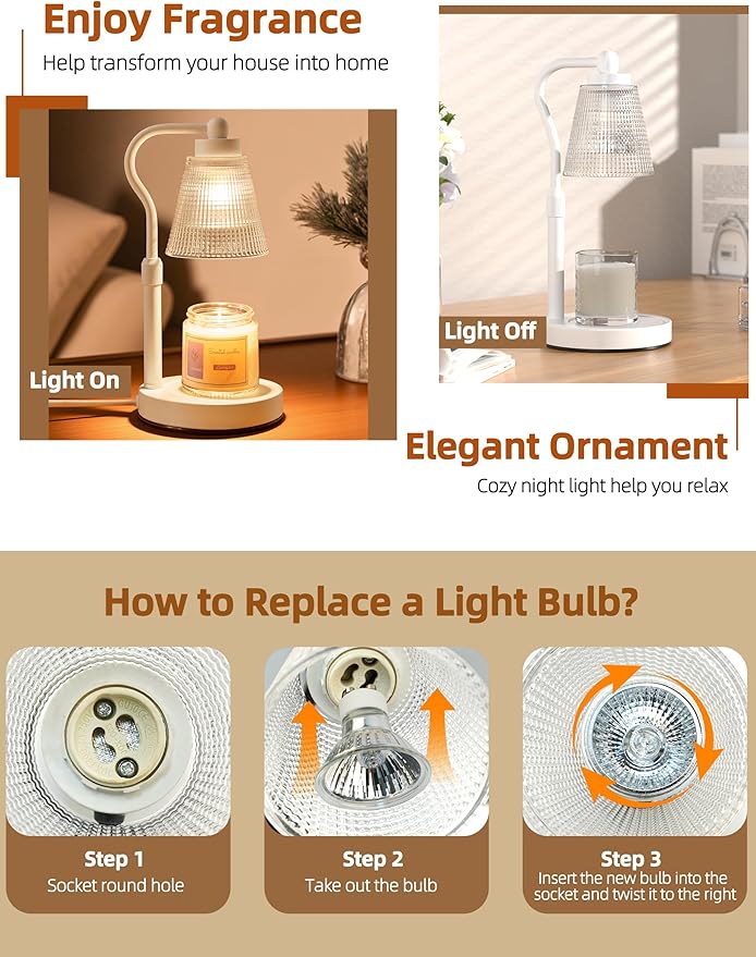 Candle Warmer Lamp for Jar Candles, Height Adjustable & Dimmable with 2/4/8H Timer, 2*50W Halogen Wax Melter Warmer for Home Office Décor, Flameless & Smokeless, Gift for Women Mom,White-Clear/1 Pack