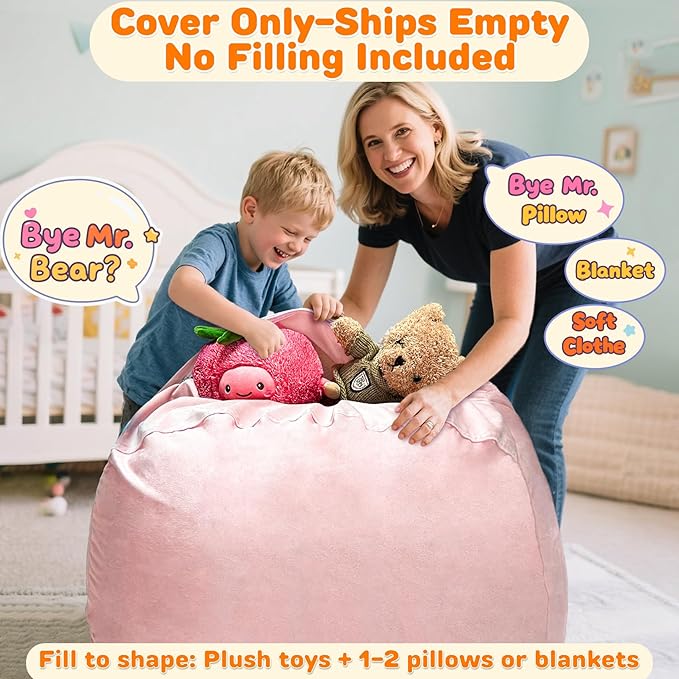 Lukeight Stuffed Animals Storage Bean Bag Chair Cover Only (Ships Empty, No Filling) - Velvet YKK Zipper Beanbag Cover for Toddlers and Kids, Washable Plush Toy Organizer, Large 27" D x 16" H