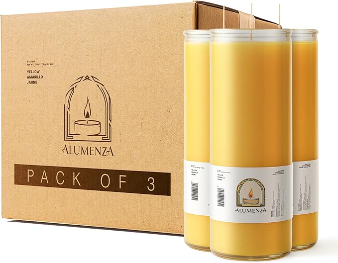 3 Pack Yellow 7 Day Candles in Glass Jar – Paraffin Wax, Clean Burning Unscented | Large & Tall Devotional Prayer Pillar Candles for Home, Memorial, Spells, Long Lasting