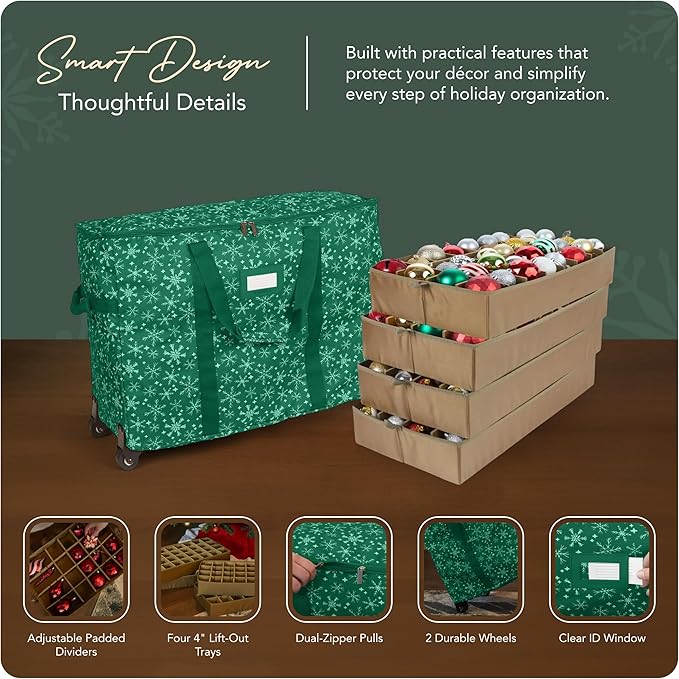 Covermates Keepsakes Rolling Adjustable Ornament Storage Bag – Heavy-Duty Polyester, FlexGrid Trays & Padded Dividers – Protective Holiday Organizer with Wheels, Handles & ID Window, Green Snowflake