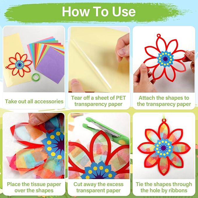 Qyeahkj 36 Set Flowers Suncatchers Crafts for DIY Spring Floral Window Tissue Paper Craft Kit Hanging Decor for Mother's Day Gifts Home Activity Art Project Birthday Party Favor