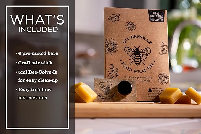 Made in USA DIY Pre Mixed Beeswax Wrap KIT- Made with Pine Resin, Beeswax & Jojoba Oil - Beeswax Wraps for Food- Make Your Own 6 Bees Wrap Sheets with 5 ml Pinon Salve for Sticky Fingers Square Shape