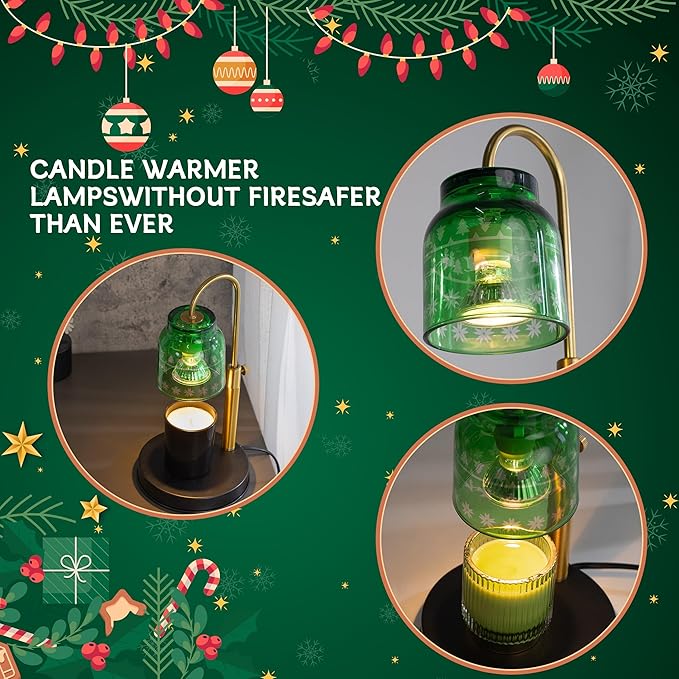 AIKUT Christmas Candle Warmer Lamp, with 2 Bulbs,Timer & Dimmer,Compatible with Large Yankee Candle Jars,3 Wick Candles,Height Adjustable Electric Top Candle Melter,Green,110-120v,Mother's Day Gifts