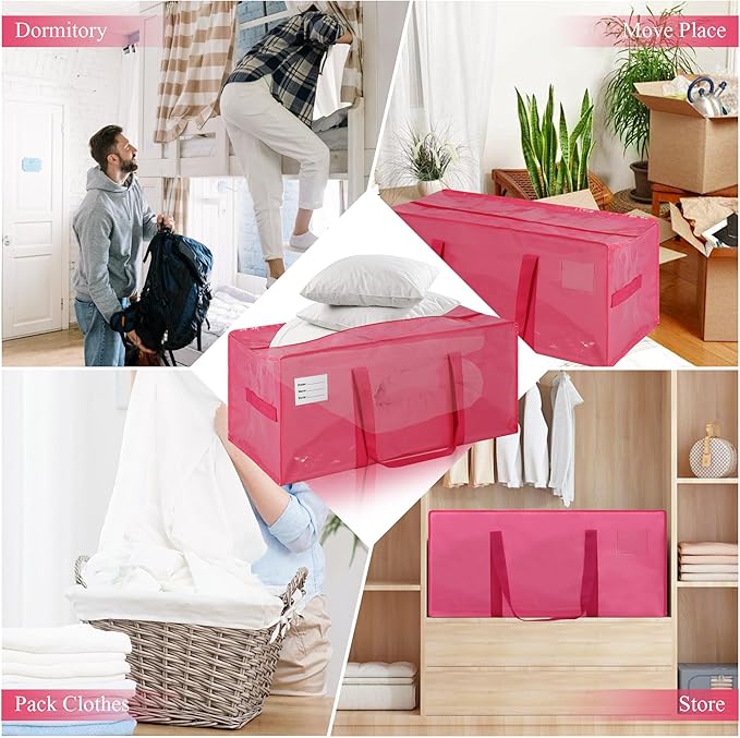 JCBZAMZ 6 Pack Heavy Duty Extra Large Moving Bags with Handles,Waterproof Foldable Storage Totes, Clothing Storage Bags, Packing Moving Boxes for College Supplies, Pink