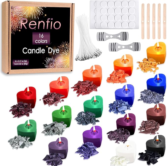 Renfio 16 Colors Candle Dye - 0.17oz/5g Each for Soy Wax, 54.4b Wax Making Accessories - Highly Concentrated Coloring Chips for Candle Making Supplies