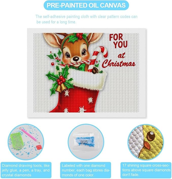 AIVKIEJK Diamond Painting Kits for Adults - Deer Sugar Bell Holiday Christmas Painting DIY 5D Full Drill Diamond Dots Paintings with Diamonds Gem Art and Crafts Home Decor 12"x16"