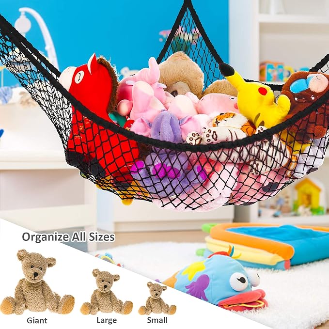 Toy Hammock for Stuffed Animals, Stuffed Animal Hammock Net Jumbo Plush Toy Storage Cornet Net 70" Wall Sling Large Teddy Bear Mesh Toy Net Organizer Black