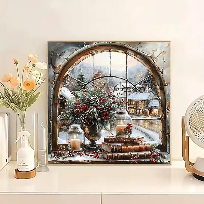 BOHADIY Christmas Window Diamond Art Kits for Adults Beginners, 5D DIY Full Round Drill Diamond Painting Kits, Candle Paint by Diamonds Dot Gem Art Crystal Easy,Home Wall Decor 13.7X13.7Inch
